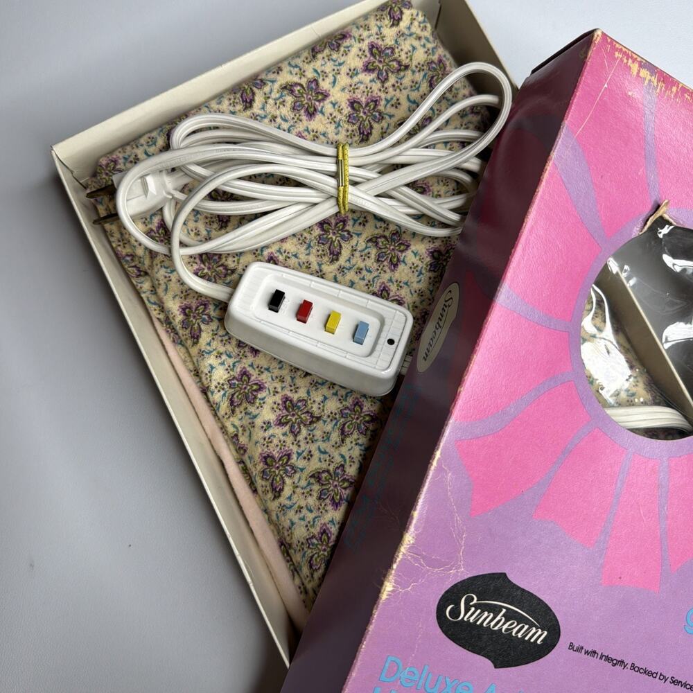 Vintage Rare 1972 Sunbeam Heating Pad Purple Floral Original Box & Manual Tested - Picture 2 of 16